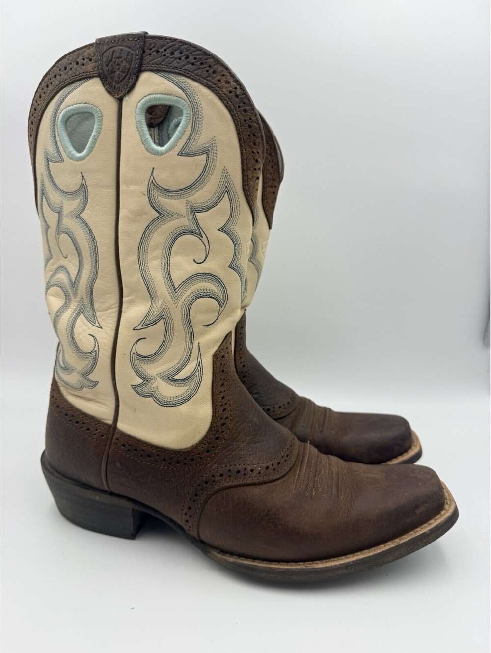 Ariat Women’s Cowboy Boots Brown Rawhide White Shaft Blue Stitch Size 8 B